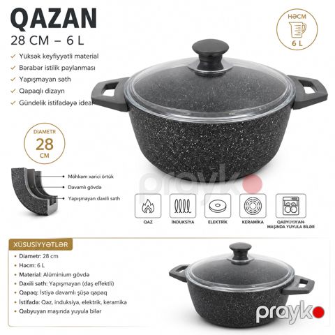 Qazan, tökmə aluminium, 6000 ml, 28 sm, qara — Bakı