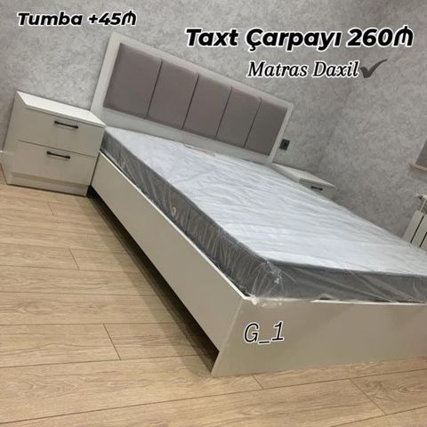 Taxt çarpayı – 260₼ Matras daxildir. - Rəng: açıq krem/ağ, başlıqda — Sumqayıt