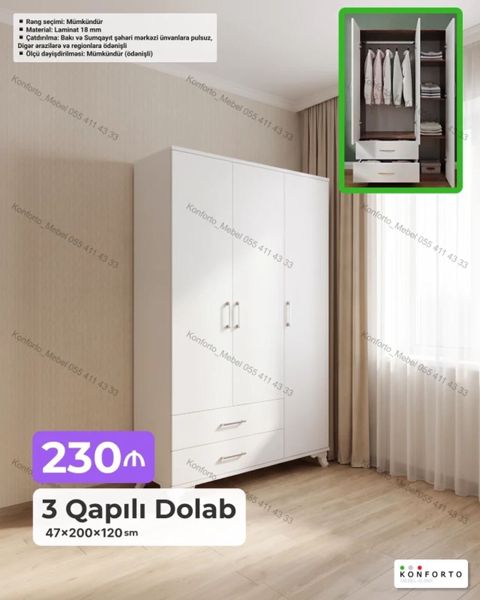 3 qapılı paltar dolabı Ölçülər: 47 200 120 sm Material: 18 mm — Bakı