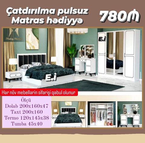 Yataq otağı mebel dəsti Paket tərkibi: - Dolab: 200×160×47 - Taxt — Bakı