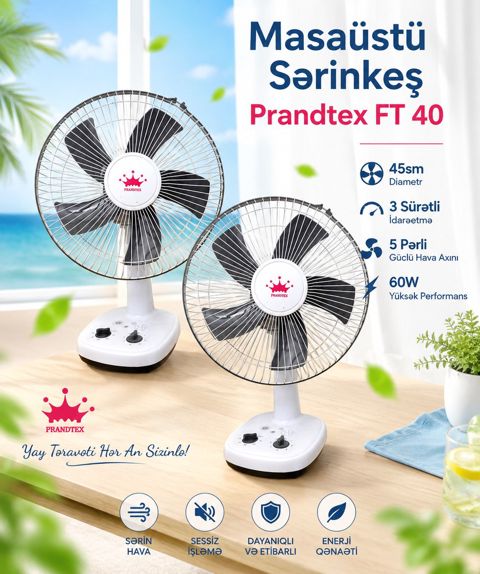 Masaüstü Sərinkeş Prandtex FT 40 43sm 3 Sürətli 5 Pərli 60W — Bakı