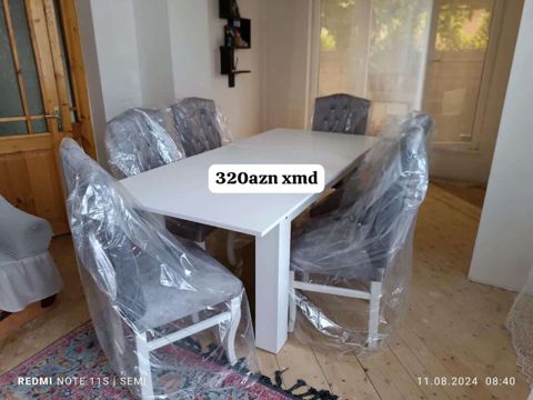 Ağ rəngli yemək masası və 6 ədəd stul dəsti. Xüsusiyyətlər: - Masa — Tables and chairs