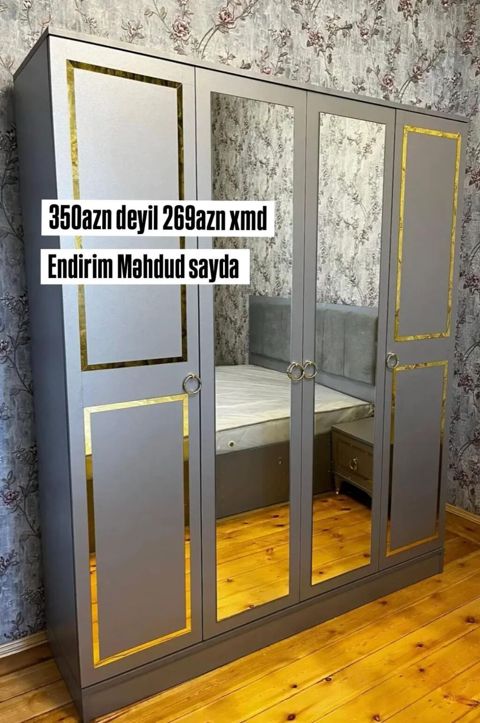 Dörd qapılı şkaf – dekorativ qızılı haşiyələr və iki aynalı ön panel — Sumqayıt