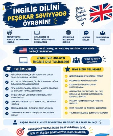 Xarici dil kursu, İngilis dili, Böyüklər üçün, Uşaqlar üçün, Danışıq klubu, Ielts/toefl, Diplom, sertifikat — Bakı