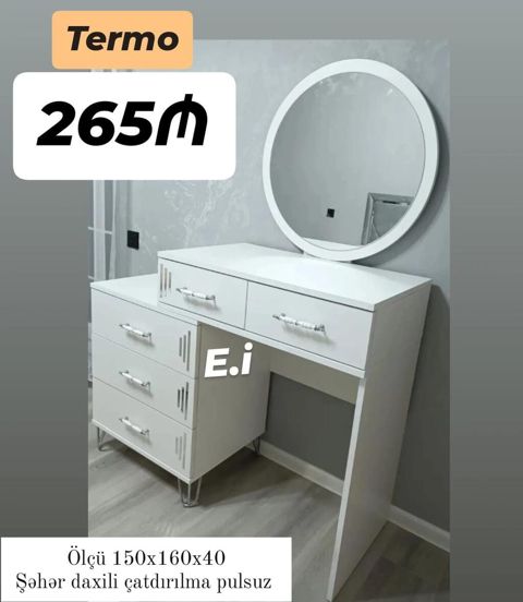 Termo makiyaj masası və güzgü dəsti - Rəng: ağ - Dairəvi böyük güzgü — Masalar və stullar