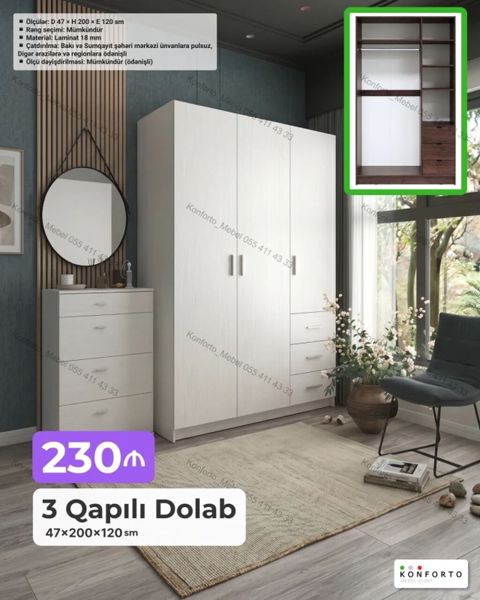 3 qapılı paltar dolabı - Ölçülər: Dərinlik 47 Hündürlük 200 En — Bakı