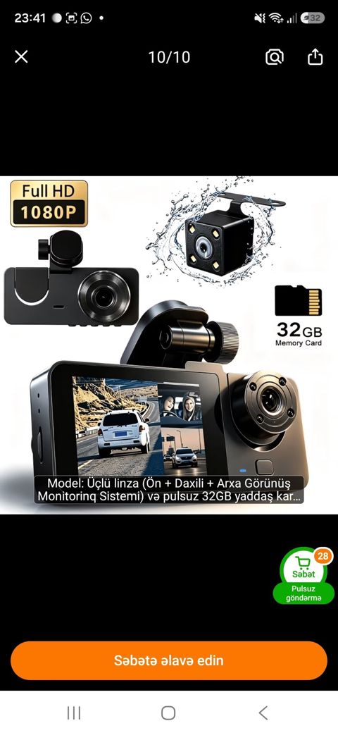 Avtomobil DVR – Üçlü linza sistemi (ön + salon + arxa görünüş) — Bakı