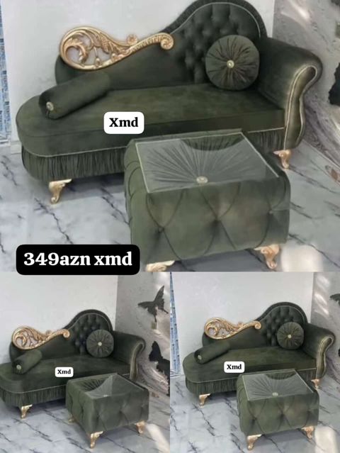 Klassik üslubda yaşıl rəngli divan və puf/çay stolcuq dəsti. - Zərif — Yumşaq mebel