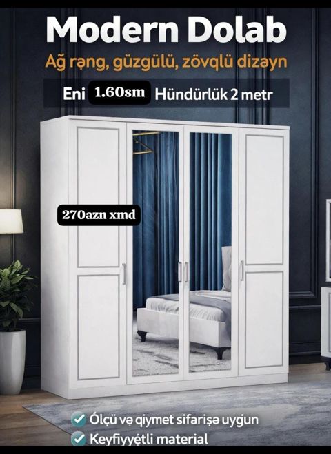 Modern ağ rəngdə dolab — güzgülü, zövqlü dizayn. Ölçülər: - Eni: 1.60 — Sumqayıt