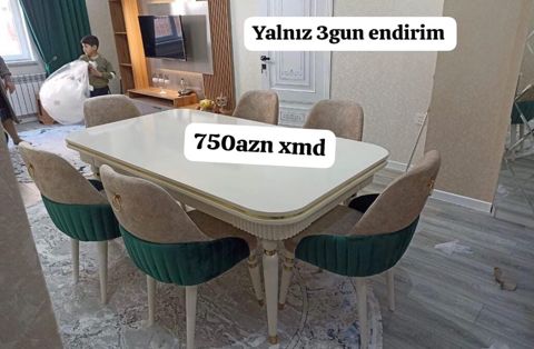 Yemək otağı dəsti: 1 ədəd masa + 6 ədəd stul - Rənglər: krem-ağ masa — Sumqayıt