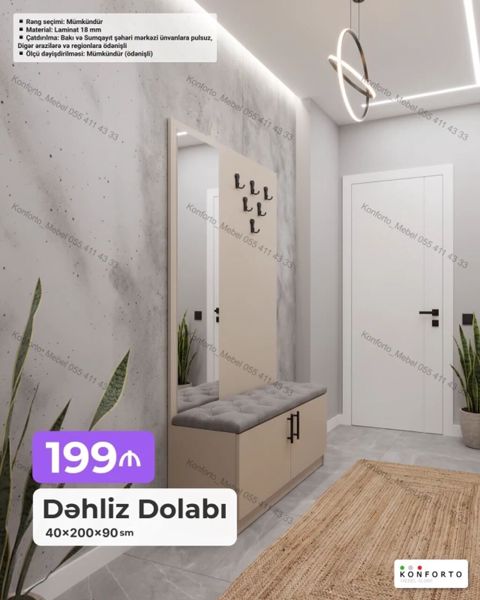 Dəhliz Dolabı – 40×200×90 sm - Model: yumşaq oturacaqlı, güzgülü — Bakı