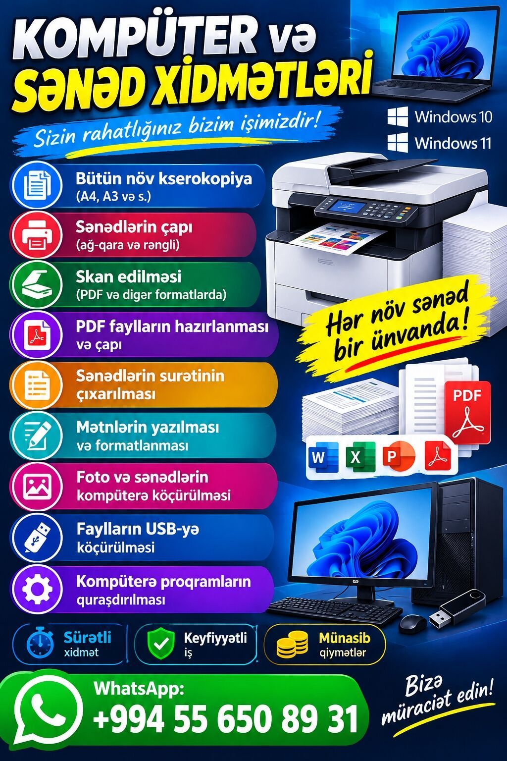 Komputer və sənəd xidmətləri Xidmətlər: - Bütün növ kserokopiya (A4 — Reklama, IT, marketing, Xırdalan