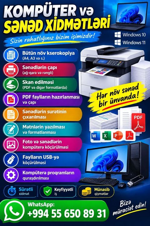 Komputer və sənəd xidmətləri Xidmətlər: - Bütün növ kserokopiya (A4 — Xırdalan
