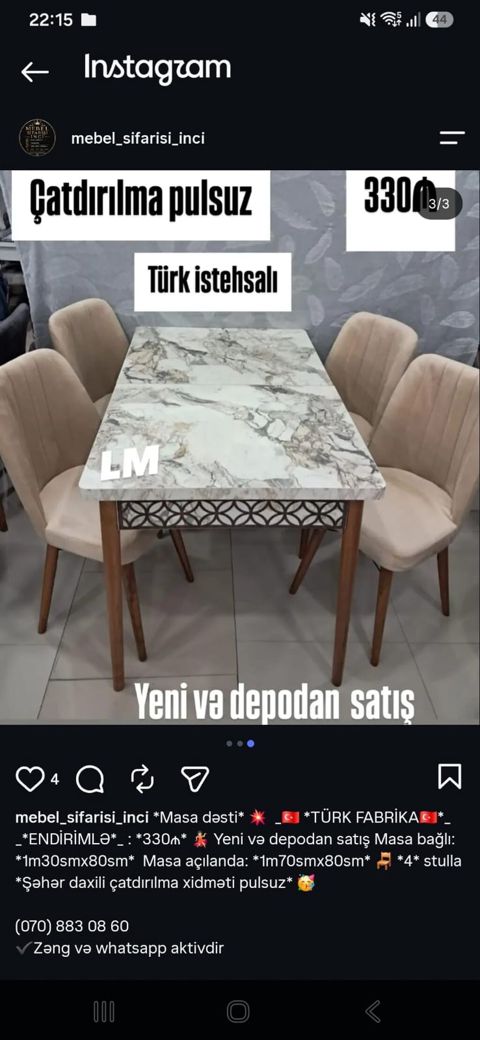 Masa dəsti – Türk istehsalı Komplekt: masa + 4 ədəd stul Masa — Bakı