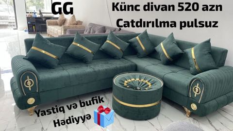 Künc divan – zümrüd-yaşıl rəngdə, qızılı dekor elementləri və qızılı — Sumqayıt