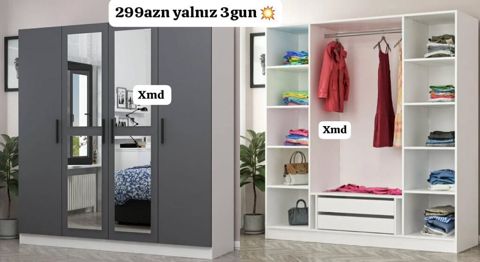4 qapılı geyim şkafı - Rəng: ön hissə tünd boz, daxili hissə ağ - Ön — Bakı