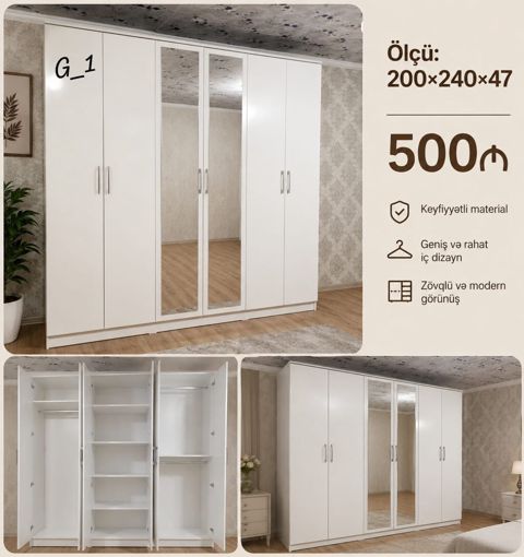 Ağ rəngli 6 qapılı gardırob – G_1 modeli Ölçü: 200 240 47 sm — Bakı