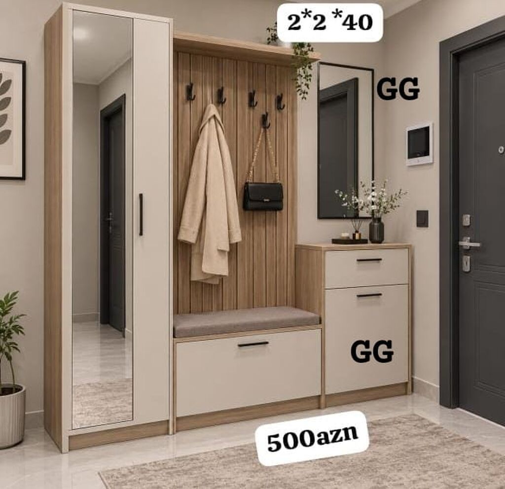 Dəhliz dəsti – ölçü: 2×2×40. Komplekt tərkibi: - Güzgülü şkaf (asma — Xol üçün, Sumqayıt