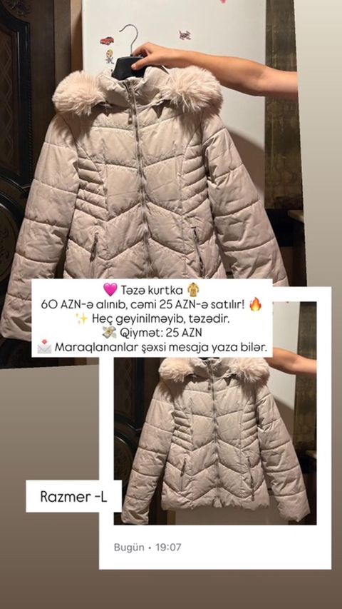 Qadın qış gödəkçəsi - Rəng: açıq bej - Model: kapüşonlu, kapüşonda — Bakı