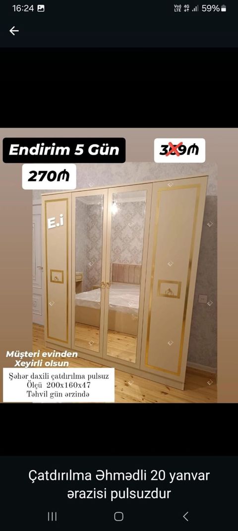 Üç qapılı güzgülü qarderob - Ölçü: 200 160 47 sm - Klassik — Sumqayıt