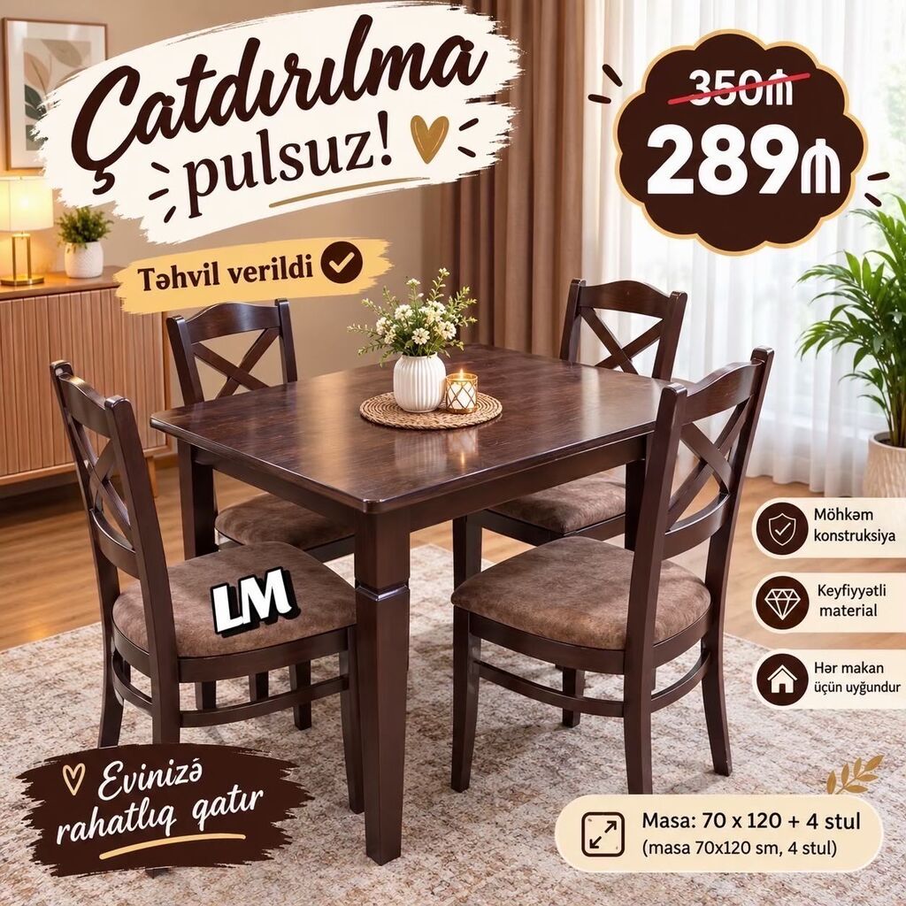 Yemək otağı üçün masa və 4 stul dəsti - Ölçü: masa 70x120 sm (dəstdə — Masalar və stullar, Bakı
