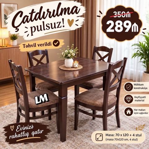 Yemək otağı üçün masa və 4 stul dəsti - Ölçü: masa 70x120 sm (dəstdə — Masalar və stullar