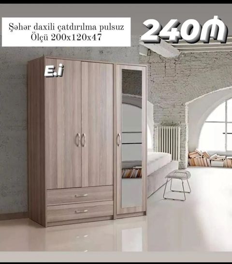 Güzgülü paltar dolabı - Ölçü: 200×120×47 sm - Material: ağac — Dolab Taxt Çarpayı Mebel Fabriki ✨Əfsanə.x — Furniture
