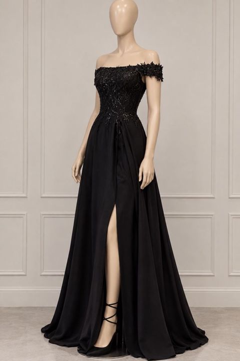 Zərif qara axşam geyimi - Model: çiyinləri açıq, off-shoulder - Üst — Bakı