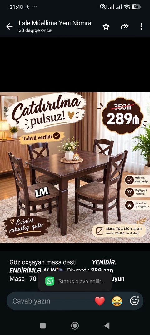 Dördbucaq masa, Mətbəx üçün, 4 nəfər, Açılmayan, Azərbaycan, Zəmanətsiz — Bakı