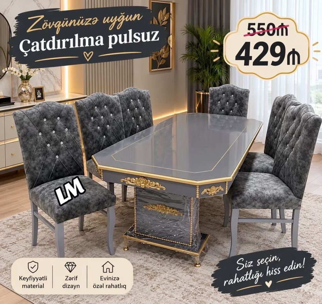 Zərif dizaynlı yemək otağı dəsti - Rəng: Boz (qızılı dekor — Masalar və stullar, Bakı