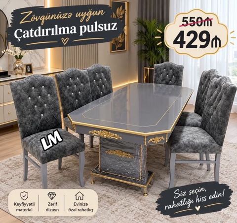 Zərif dizaynlı yemək otağı dəsti - Rəng: Boz (qızılı dekor — Masalar və stullar