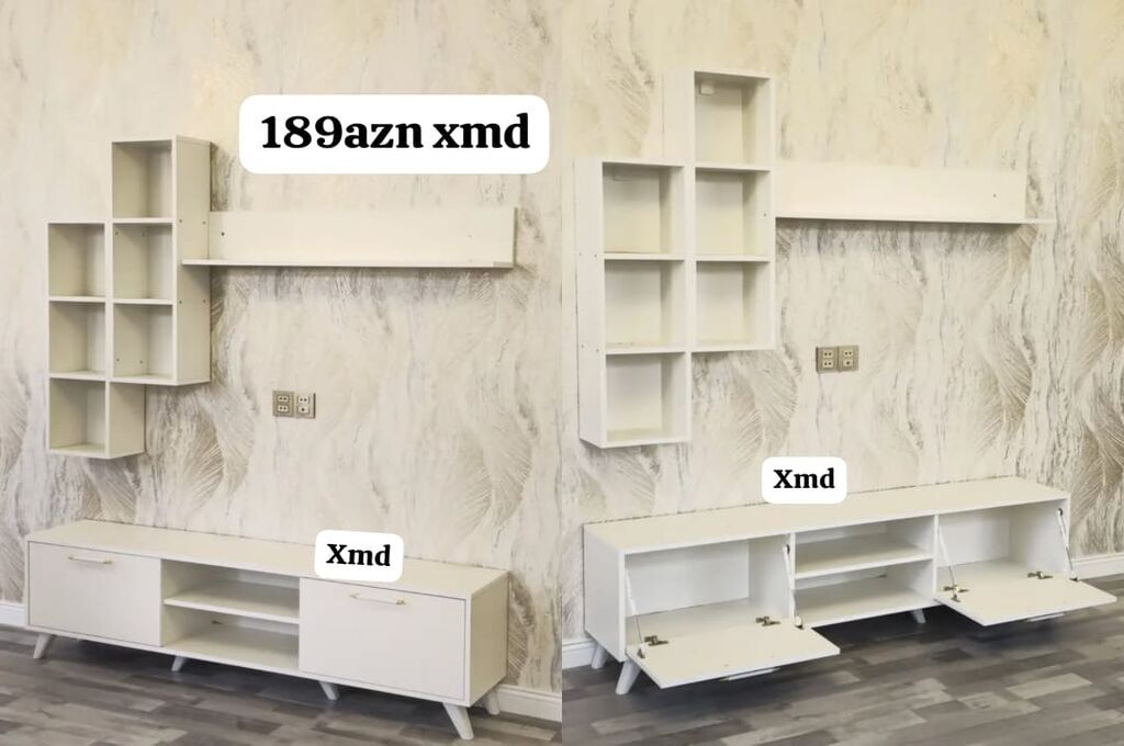 Ağ rəngdə müasir TV altlığı və asma divar modul dəsti. - Komplekt — Televizor altlıqları və standlar, Bakı