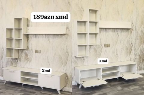 Ağ rəngdə müasir TV altlığı və asma divar modul dəsti. - Komplekt — Bakı