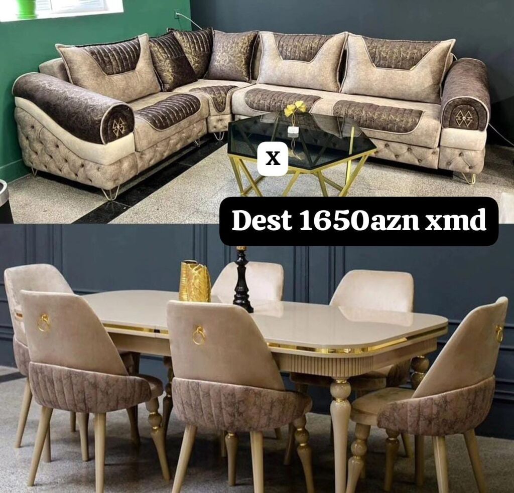 Mebel dəsti - Künc divan: Yumşaq parça ilə üzlənmiş, iki rəngli (bej — Qonaq otağı üçün, Sumqayıt