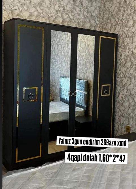 4 qapılı şkaf – ölçülər: 1.60 2.00 0.47 m. Qara rəngdə, qızılı — Sumqayıt