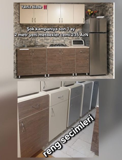 2 metrlik yeni mətbəx mebeli dəsti - Üst və alt dolablar komplekti — Bakı