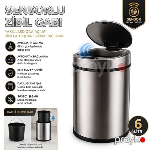 Zibil vedrəsi AZ-774209, 6 l, sensorlu, paslanmayan dəmir — Bakı