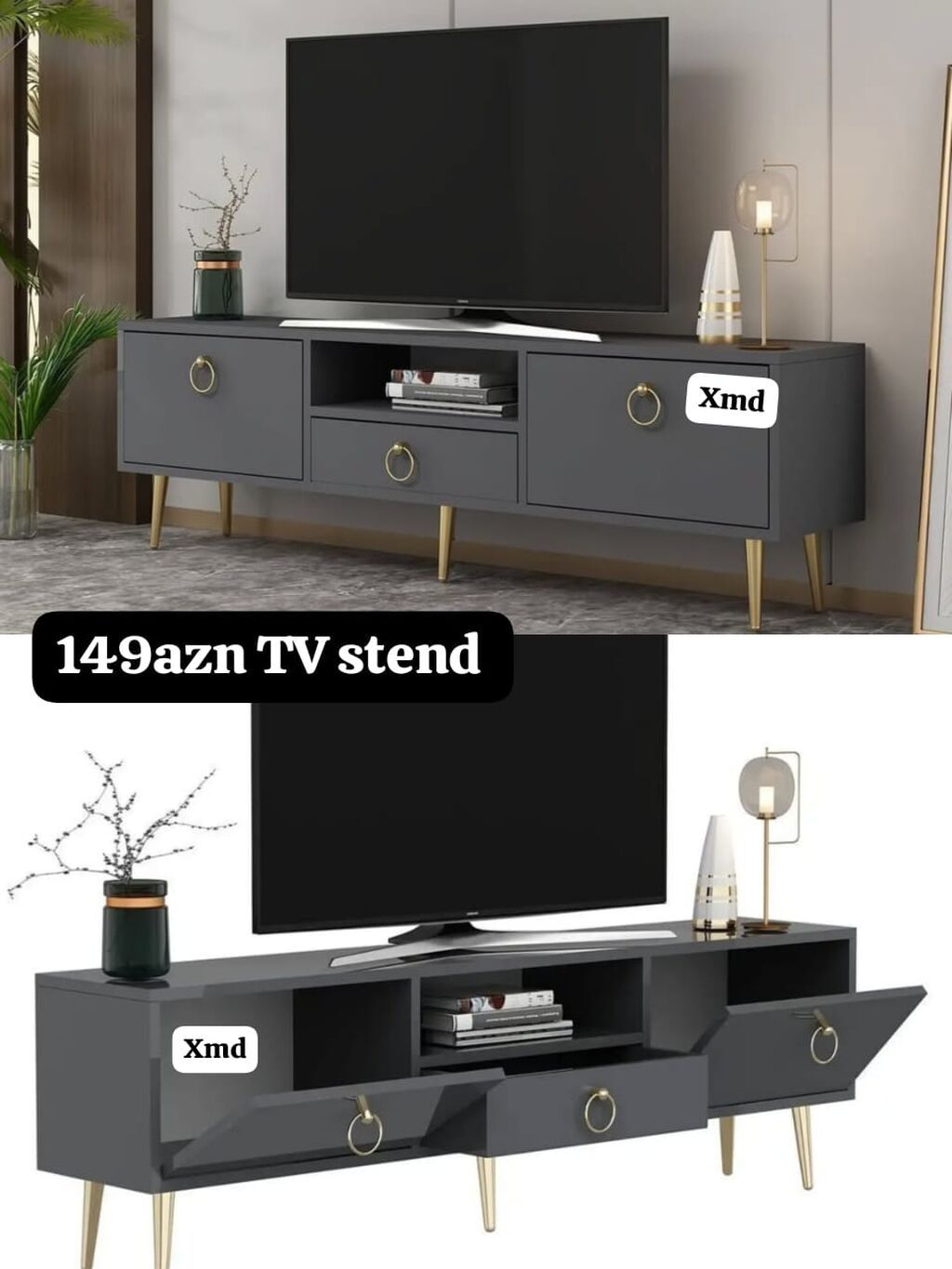 TV stend – qrafit boz rəngdə, müasir minimal dizayn. - Ölçü: təxmini — Televizor altlıqları və standlar, Sumqayıt