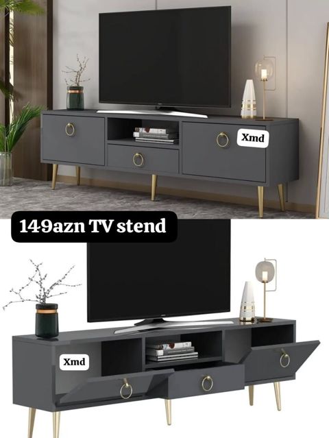 TV stend – qrafit boz rəngdə, müasir minimal dizayn. - Ölçü: təxmini — Televizor altlıqları və stendlər