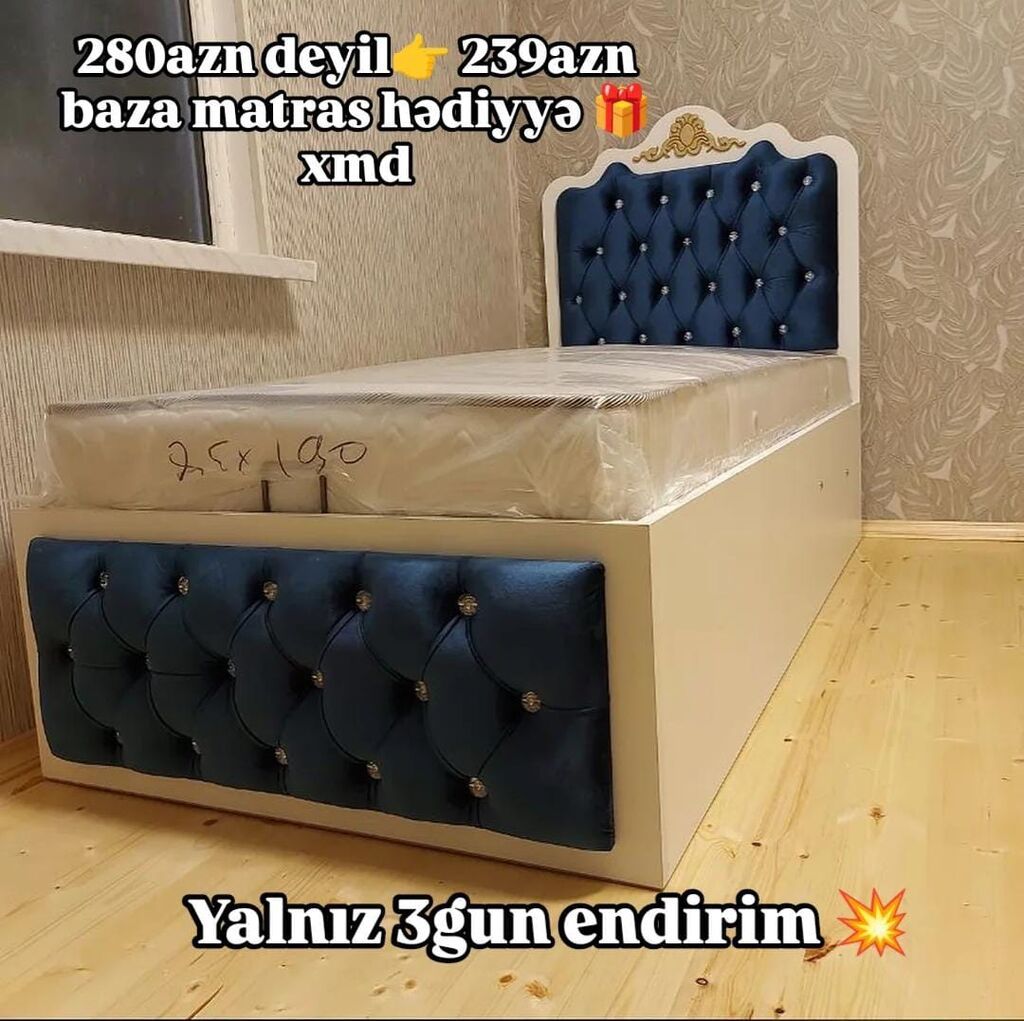 Endirimli tək nəfərlik çarpayı – baza + matras hədiyyə - Ölçü: 90x190 — Yataqlar, Bakı (4)