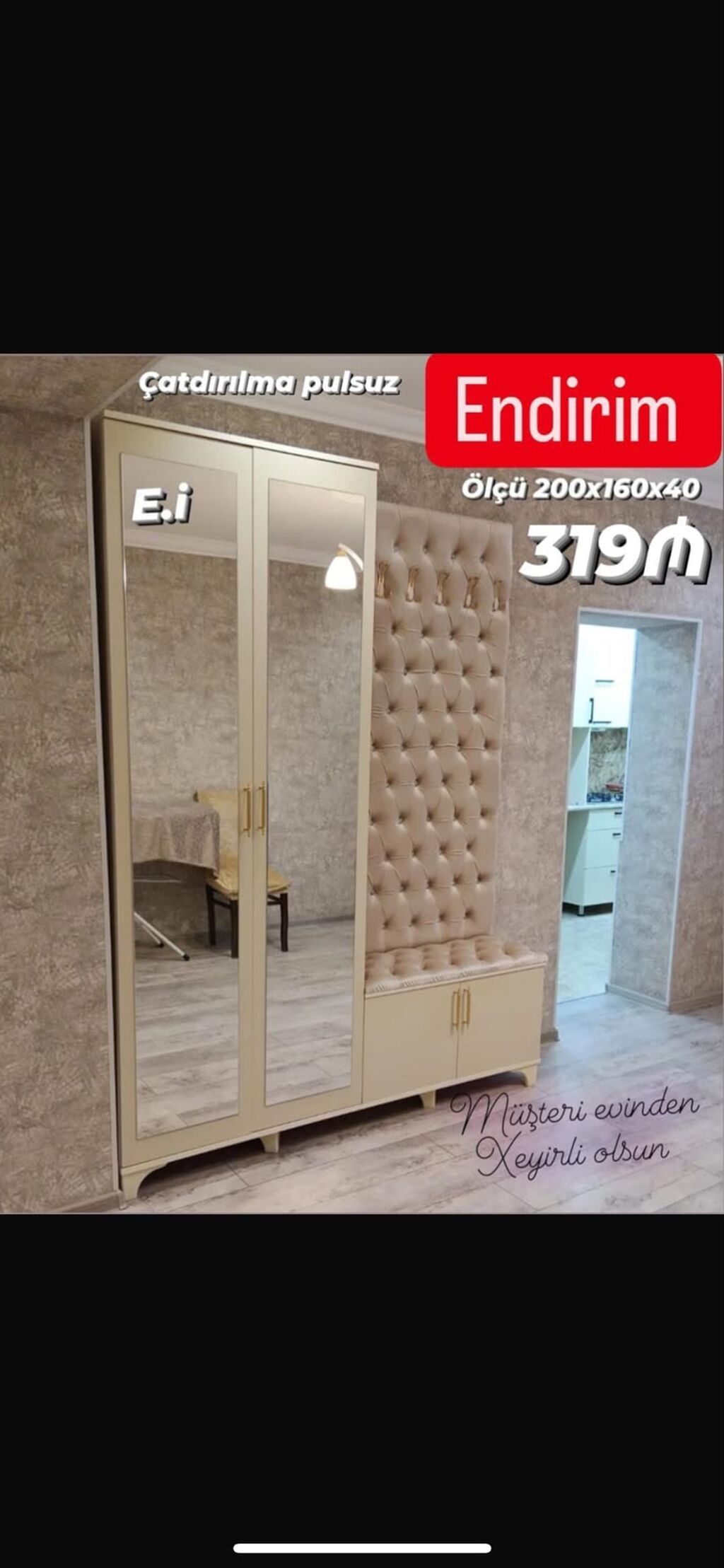 Dəhliz dəsti – güzgülü şkaf və yumşaq oturacaqlı askılıq paneli — Xol üçün, Sumqayıt