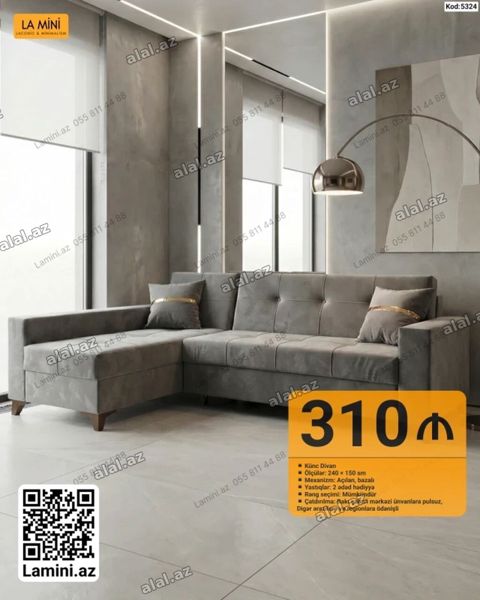 LA Mını künc divan - Ölçülər: 240 150 sm - Mexanizm: açılan, bazalı — Bakı