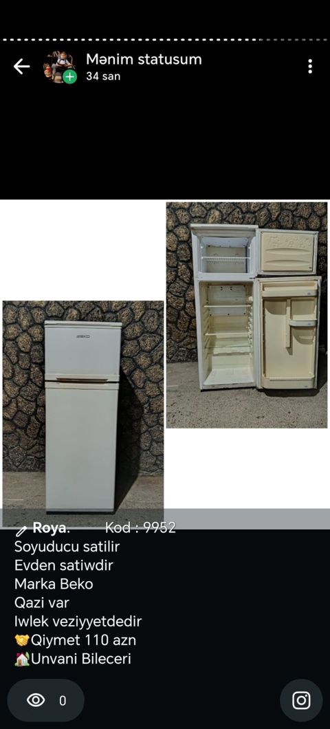 Beko markalı iki qapılı soyuducu. - Üst bölmə – dondurucu, alt bölmə — Masazır
