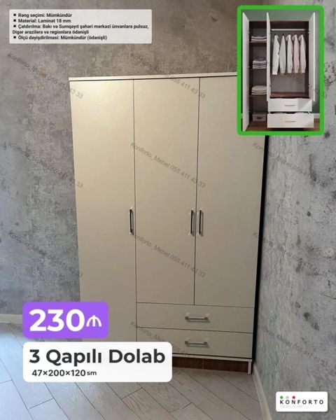 3 qapılı geyim dolabı Ölçü: 47 200 120 sm Material: 18 mm — Bakı