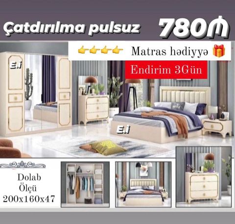 Yataq otağı dəsti Tərkibi: - 4 qapılı şkaf (güzgülü), daxili asılqan — Bakı
