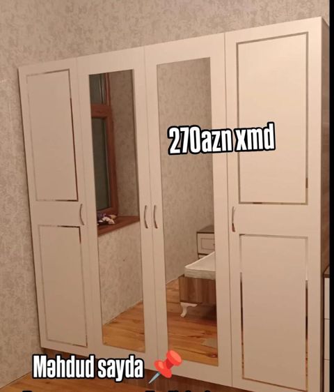 Ağ rəngli, dörd qapılı geyim şkafı. Orta hissədə iki tam boy güzgülü — Sumqayıt