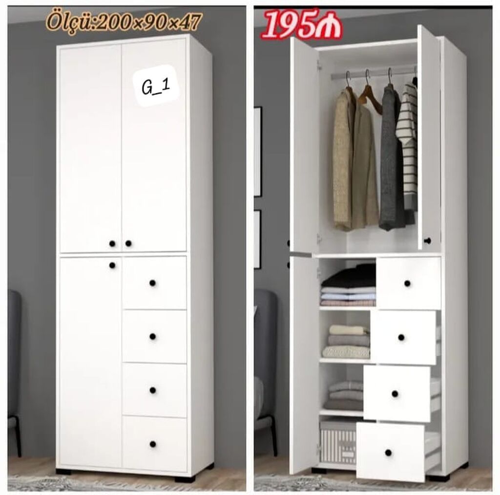 Ağ rəngli şkaf – G_1 modeli Ölçü: 200 90 47 sm Qiymət: 195 — Şkaflar, Sumqayıt
