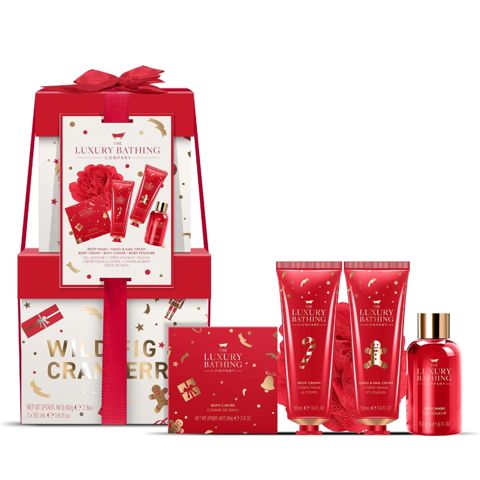 Kosmetik hədiyyə dəsti The Luxury Bathing Wild Fig & Cranberry Stacking Treats (duş geli 50 ml, əl və dirnaq üçün krem 50 ml, bədən üçün krem 50 ml, vanna üçün kürə 80 q + süngər) — Bakı
