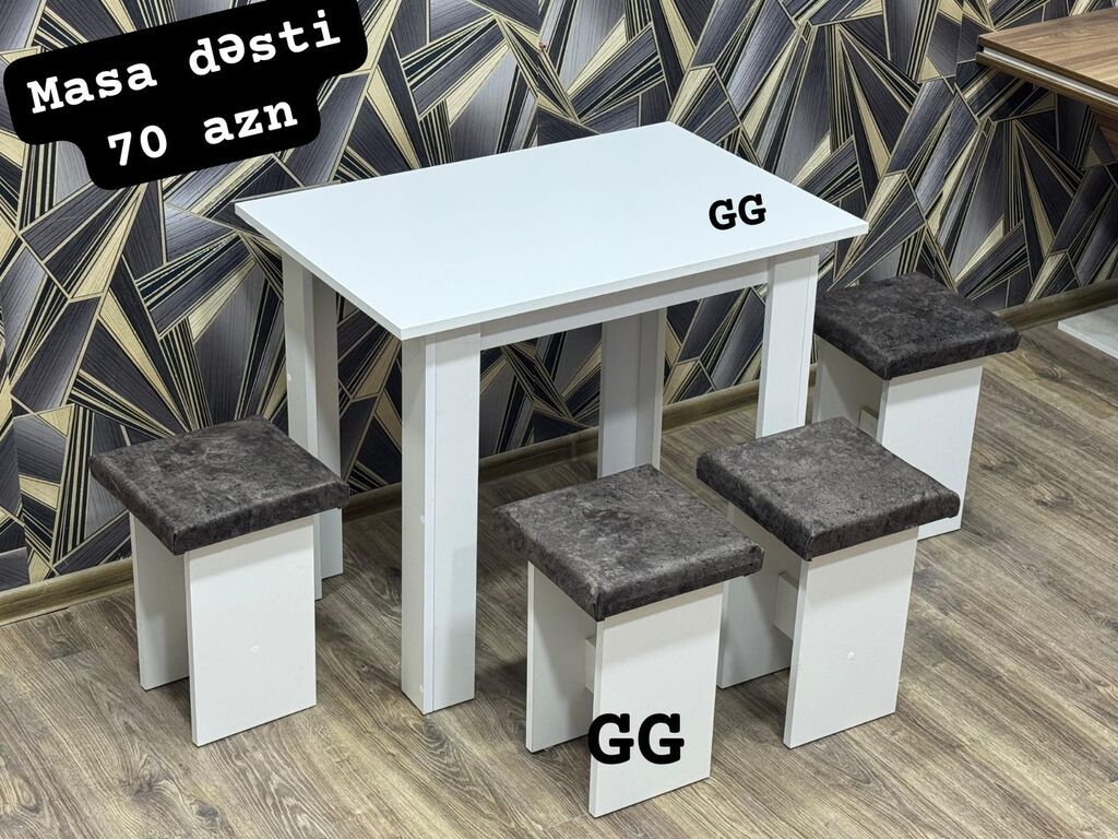 Masa dəsti – 70 AZN Ağ rəngdə kompakt yemək masası və 4 ədəd taburet — Masalar və stullar, Sumqayıt (2)