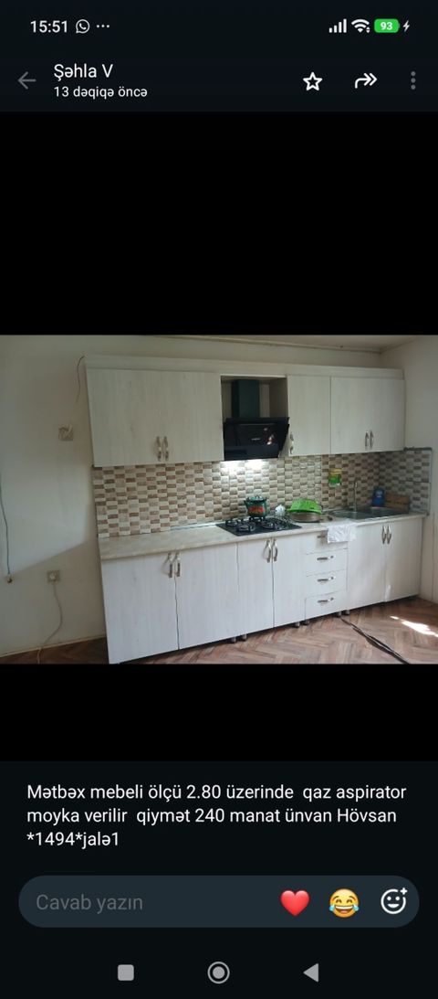 077 613 12 74 Mətbəx mebeli dəsti - Ölçü: 2.80 m - Komplektə daxildir — Bakı